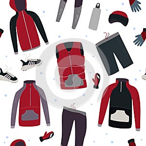 Winter running gear seamless pattern. Winter clothes and accessories for running. Vector illustration.