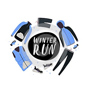 Winter running gear. Set of winter clothes and accessories for running. Vector illustration.