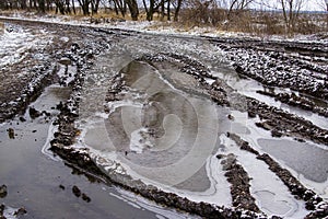 Winter rural landscape with a bad road