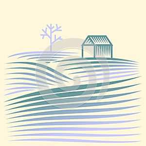 Winter rural landscape with fields and house