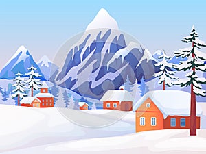 Winter rural landscape. Nature scene with snowy mountain peaks, wooden houses and spruce trees. Vector winter background