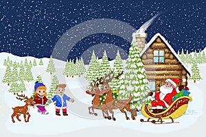 Winter rural landscape. The night eve Christmas. Village, snow, forest, reindeer