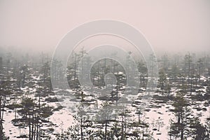 Winter rural scene with fog and white fields - retro vintage eff