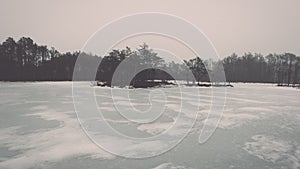 Winter rural scene with fog and white fields - retro vintage eff