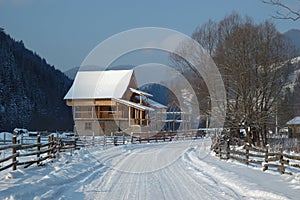 Winter rural scenery in Carpathian mountains