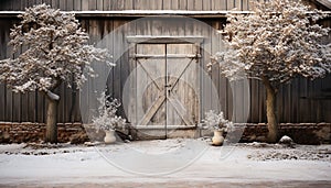 Winter rustic charm snow covered barn, old wooden door, nature decoration generated by AI