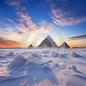 Winter\'s Embrace: The Enchanting Pyramids of Gizeh Draped in Snow