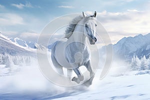 Winter\'s grace, galloping horse brings life and movement to the snowy terrain