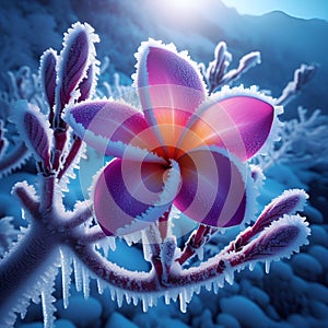Winter\'s Hope: Purple Frangipani Blooms Amidst Frost.