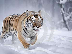 Winter's wild. Amur tiger dashes through snow, a fierce wildlife spectacle.