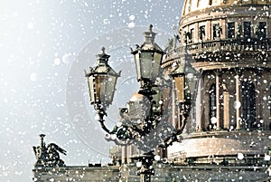 Winter in Saint Petersburg. Saint Isaac Cathedral in snowstorm, St Petersburg, Russia