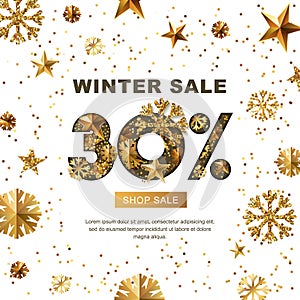 Winter sale 30 percent off, banner with 3d gold stars and snowflakes.