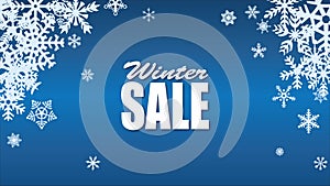 Winter sale background with blue realistic snowflakes banner and snow Illustration