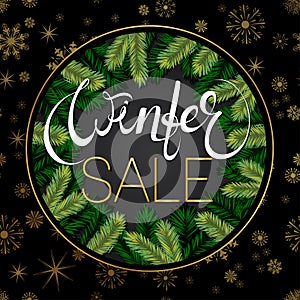 Winter sale background. Holiday composition with tree brabches, gold foil snowflakes. Vector