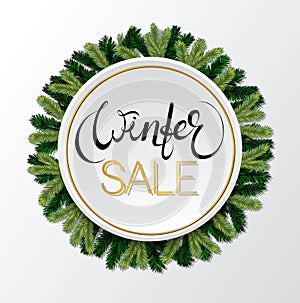 Winter sale background. Holiday composition with tree brabches. Vector