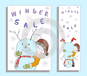 Winter sale banner with cute girl