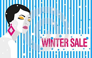 Winter sale. Banner. Fashion girl. Bold, minimal style. Pop Art.