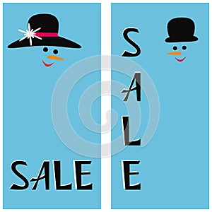 Winter sale banner. Snowman, snow woman and word Sale