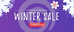 Winter sale banner for websites and mailing. Seasonal discount background with snowflakes.