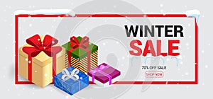 Winter sale card or banner. Discount offer price label, symbol for advertising campaign in retail, sale promo marketing