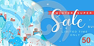 Winter sale card with fall wintertime landscape.