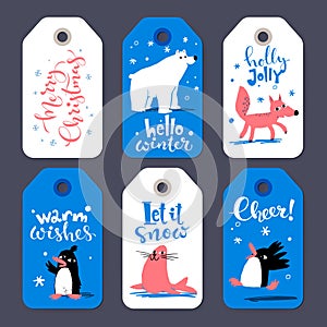 Winter sale Cheer and Merry Christmas tags with cute penguins and animals