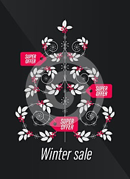 Winter sale. Christmas holly fir with spiral branches and snowflakes. Super advantageous offer.