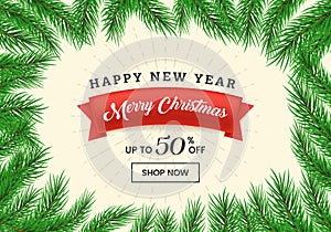 Winter sale vector landing page template. Red ribbon with Merry Christmas lettering in realistic fir tree twigs frame
