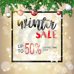 Winter sale flyer design christmas balls fir tree branch glittering snowflakes season shopping template special discount