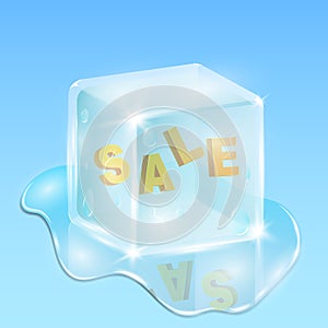 Winter sale. Frozen text inside the ice cube. Water and drops everywhere