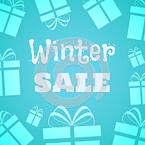 Winter sale. Gifts icons on the light blue background. Vector illustration for seasonal promotion, winter Holidays