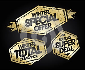Winter sale golden rubber stamps vector set - winter special offer