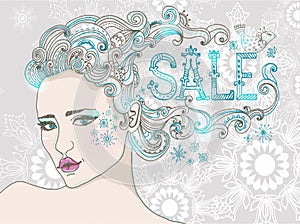 Winter Sale and Hand Drawn Beautiful woman