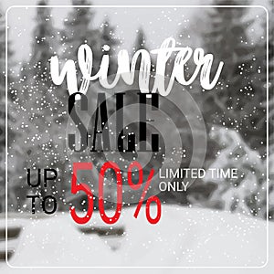 Winter sale lettering design season shopping template special discount poster over blur snowy fir tree forest background