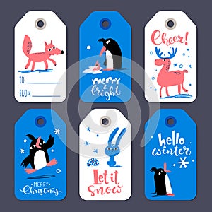 Winter sale Merry Christmas tags with cute penguins and animals
