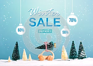 Winter sale message with car carrying a Christmas tree