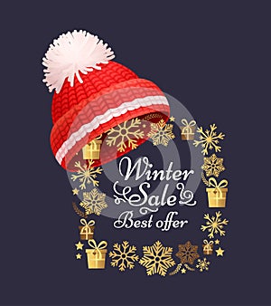 Winter Sale Poster Knitted Red Hat, Vector Icon