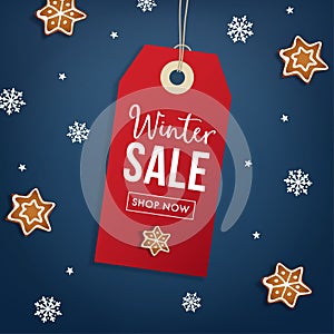 Winter sale poster template. Hanging red gift tag, label with gingerbread cookie and falling snowflakes. Modern vector