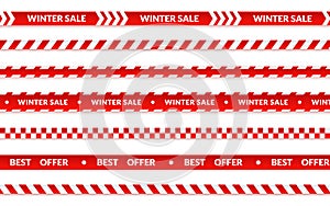 Winter sale ribbons, abstract christmas sale banner set on white. Vector caution tape about shopping, best offer holiday