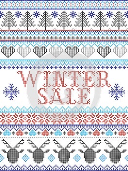 Winter Sale Scandinavian style illustration, inspired by Norwegian Christmas, festive winter pattern stitched in  grey, blue