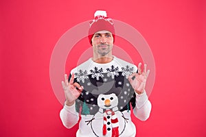 Winter sale. Seasonal discount. Diving into christmas mood. Happy 2020 year. Christmas concept. Guy in funny snowman