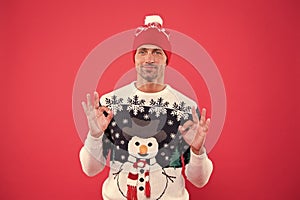 Winter sale. Seasonal discount. Diving into christmas mood. Happy 2020 year. Christmas concept. Guy in funny snowman