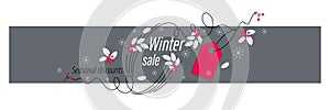 Winter sale. Seasonal discounts. Christmas holly branch with berries, snowflakes and an oval frame.