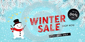 Winter sale, seasonal horizontal banner with snowman, snowfall, snow, vector