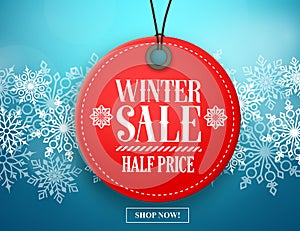 Winter sale tag vector banner. Red sale tag hanging in white winter snow flakes