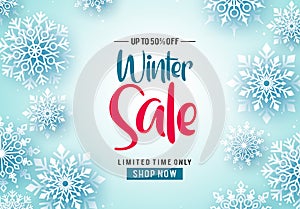 Winter sale vector banner background. Winter sale text and falling snowflakes in white background.