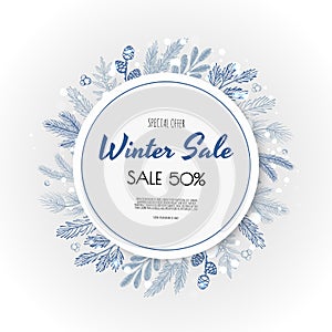 Winter sale vector banner design. Winter sale discount text with new years tree, snowflakes, cones.