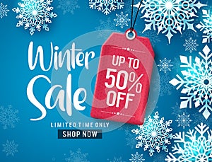 Winter sale vector banner design. Winter sale discount text with white snowflakes.