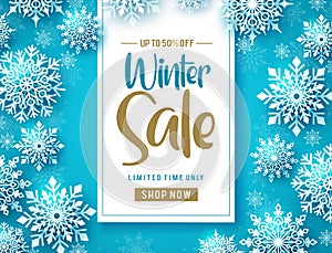 Winter sale vector banner design. Winter sale promo text with cold white snowflakes.