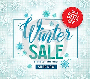 Winter sale vector banner design with white snowflakes elements and winter sale text